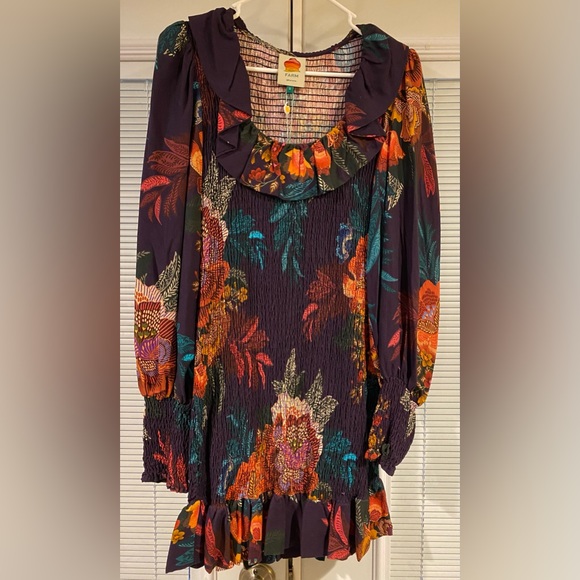 NWT farm rio flower scarves smocked mini dress. SZ M - Picture 2 of 5